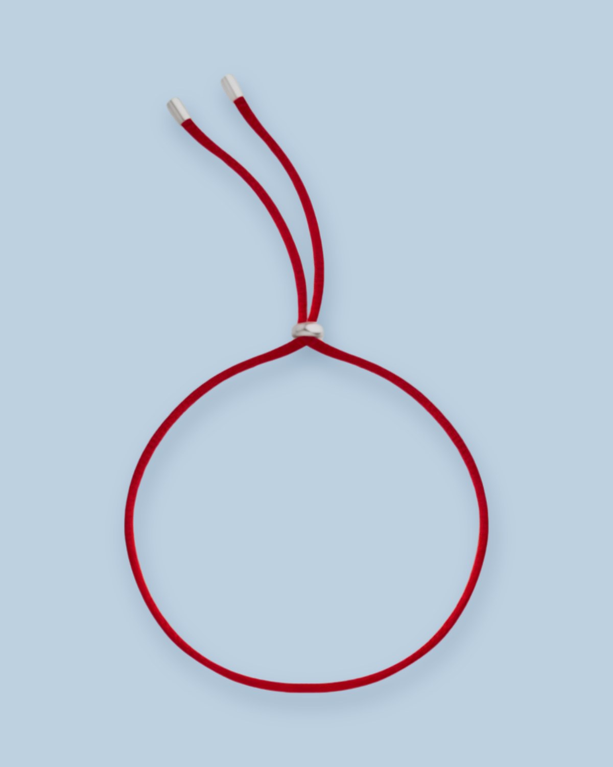 Kabbalah bracelet — red Italian satin with sterling silver tips and slider, on Floureaud blue